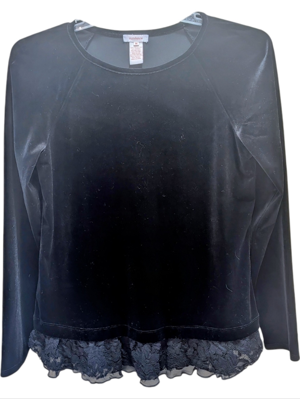 Sundance Black Velvet Long-Sleeve Top with Lace Hem Medium